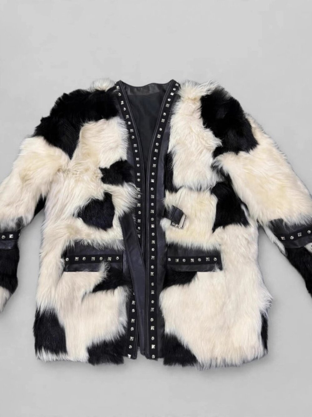 Black and White Patchwork Fur Jacket with Studded Leather Trim